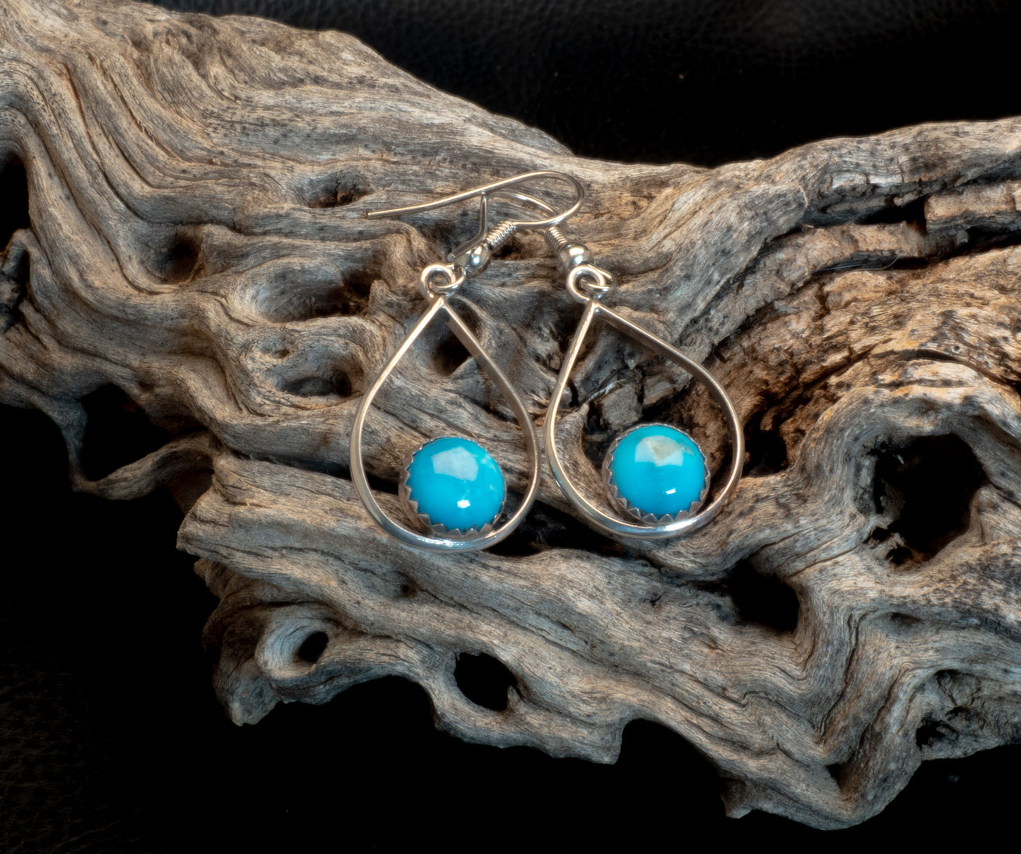 Sterling Silver Teardrop Wire Frame Earrings with Kingman Turquoise