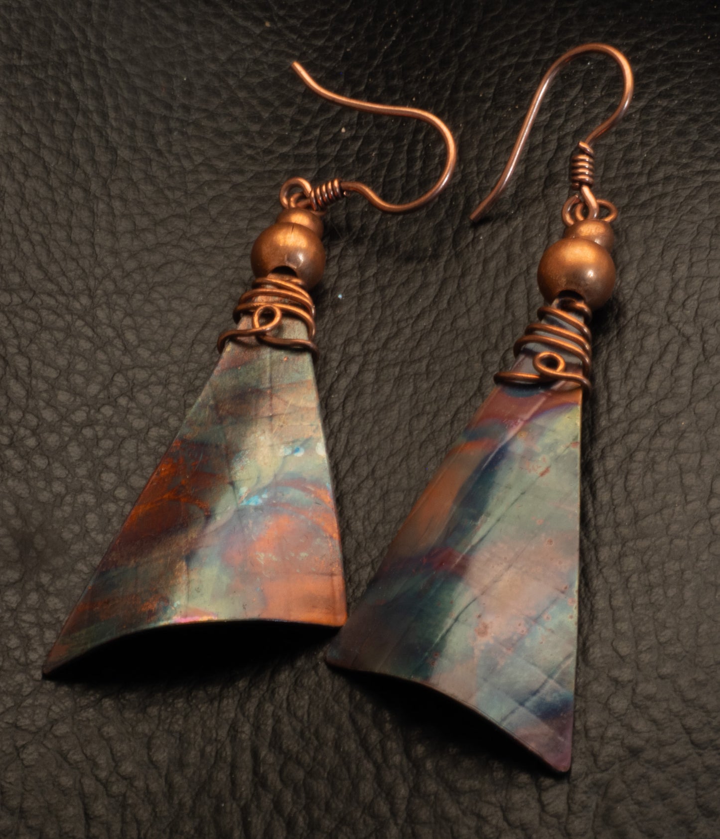 Flame Painted Copper Kite Dangle Earrings