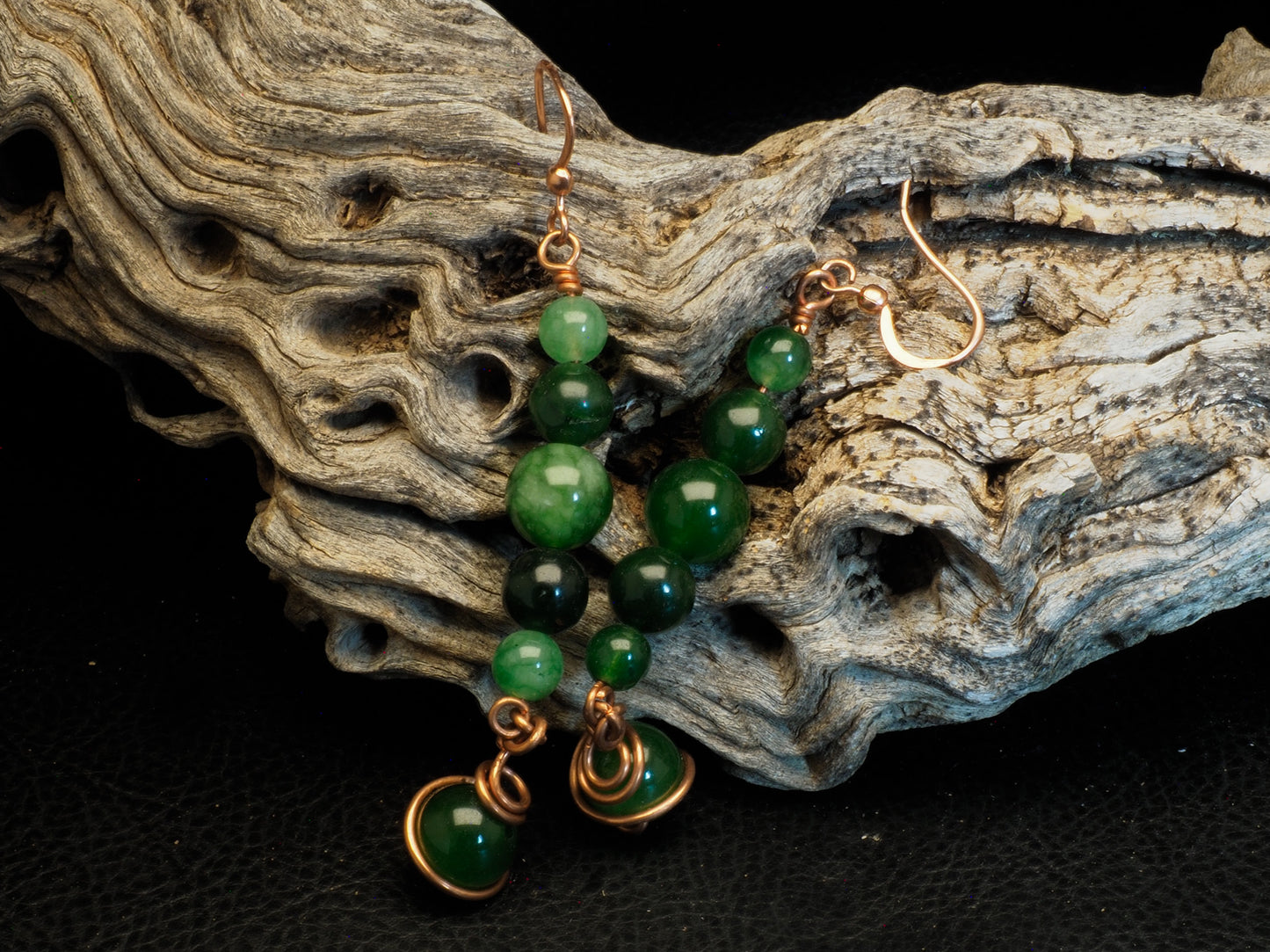 Copper Wire Wrapped Jade Dangle Earrings