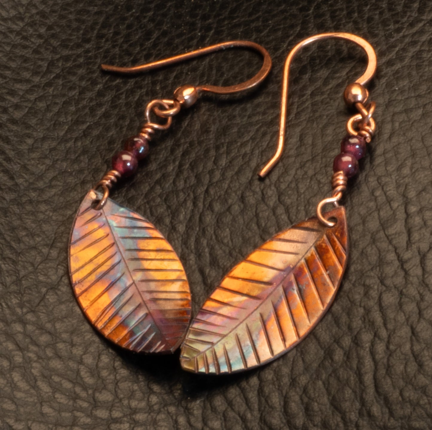 Flame Painted Copper Leaf Dangle Earrings with Garnet Beads