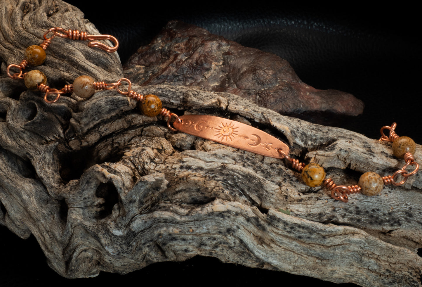 Copper Celestial Bar Bracelet with Golden Speckled Stone Beads
