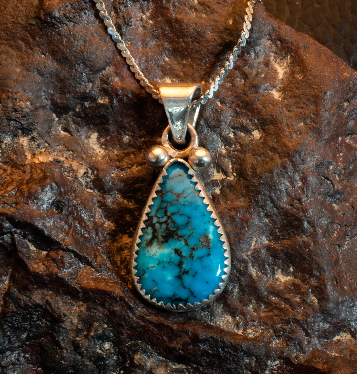 Kingman Turquoise Teardrop Pendant in Handcrafted Sterling Silver Setting