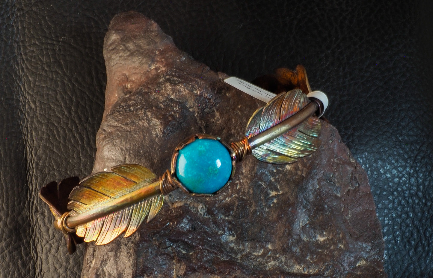 Flame Painted Copper Feather Cuff Bracelet with Kingman Turquoise