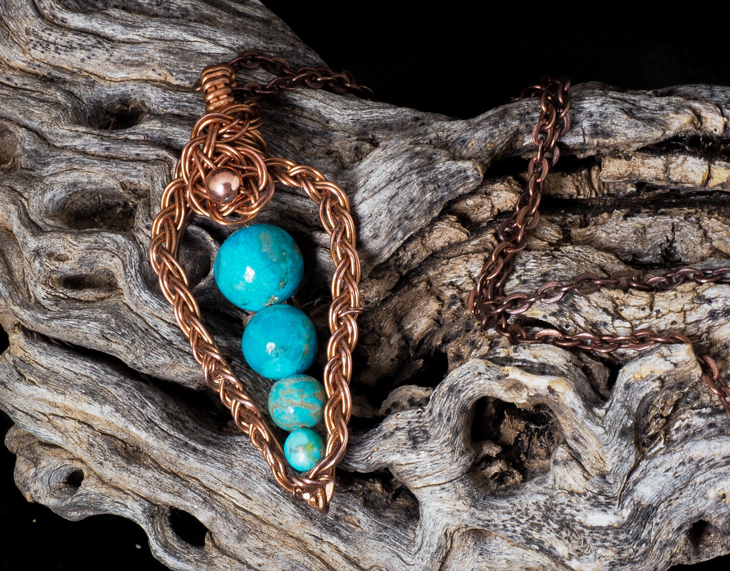 Handcrafted Copper Wire Wrap Pendant with Graduated Kingman Turquoise Beads on Copper Chain