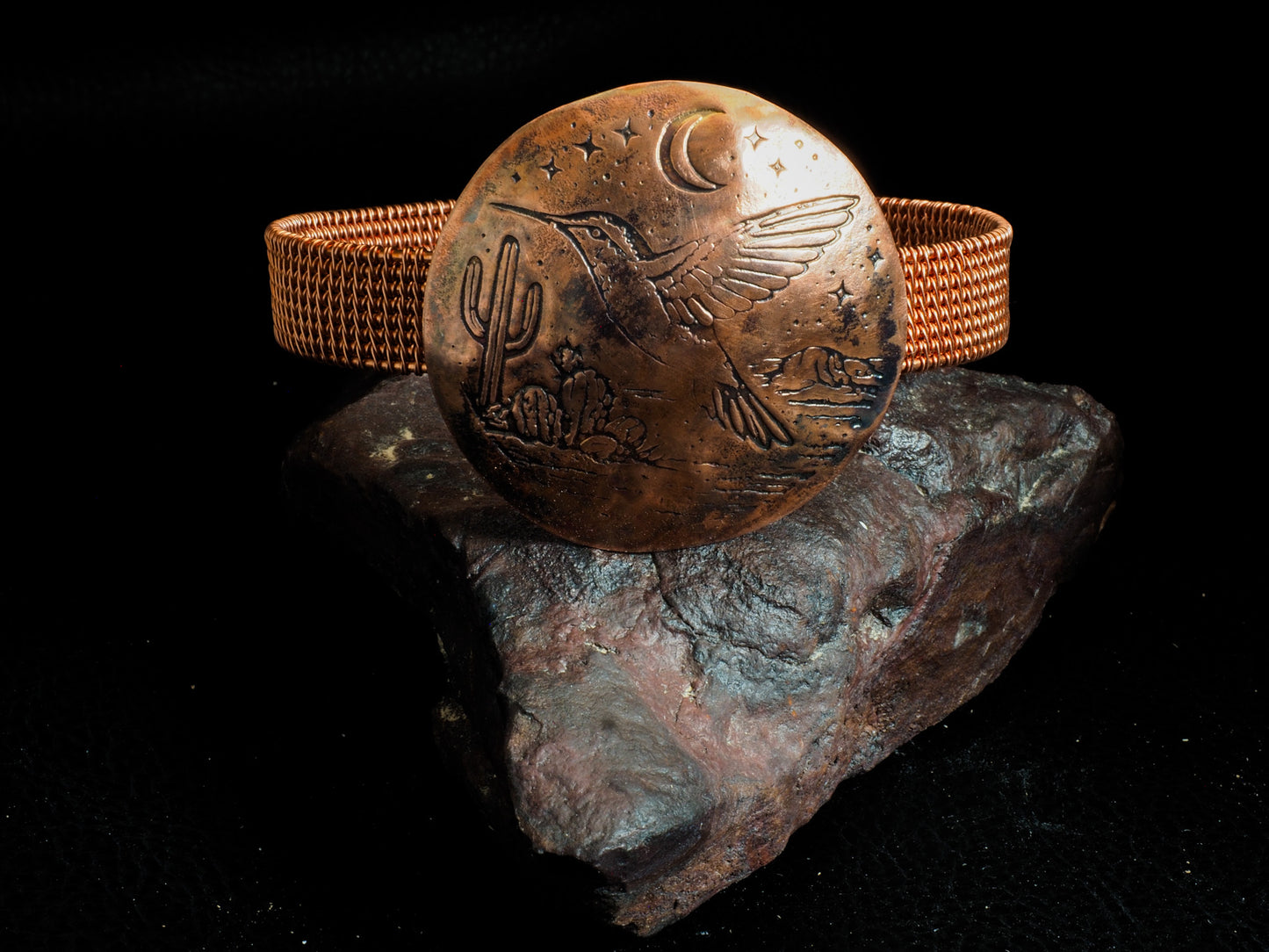 Copper Wire Weave Cuff with Desert Hummingbird Dome