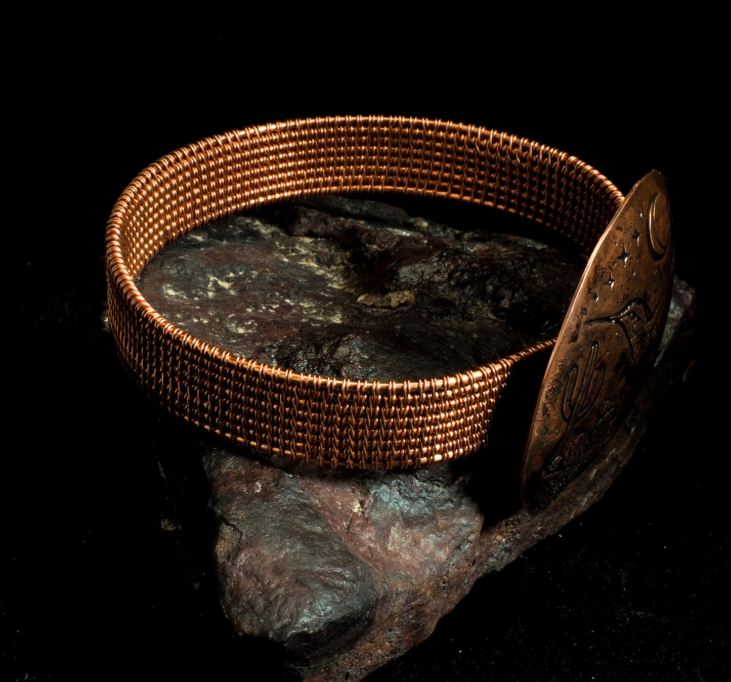 Copper Wire Weave Cuff with Desert Hummingbird Dome