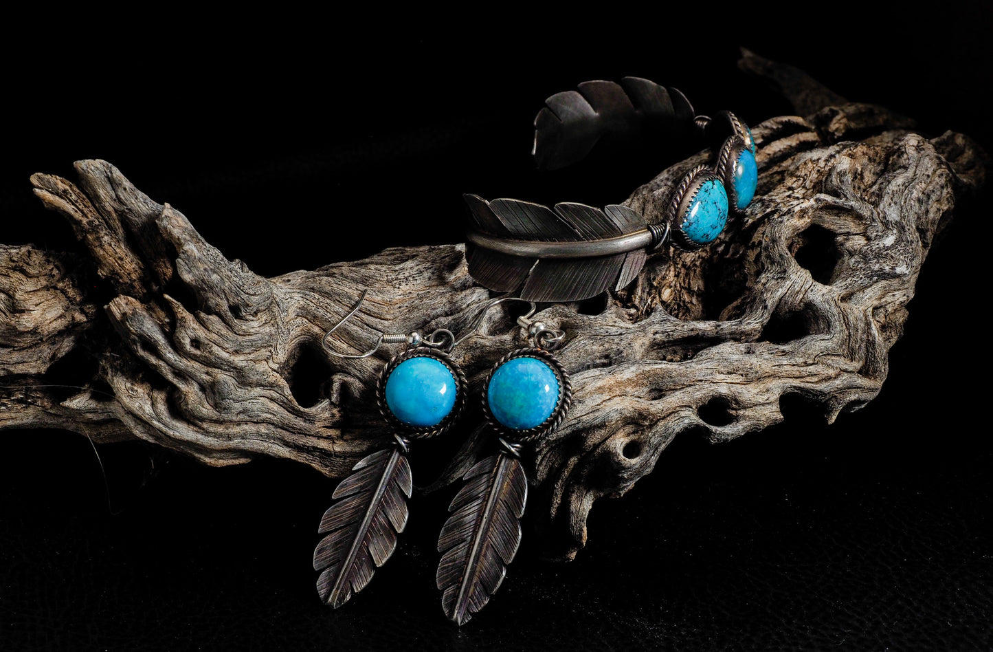 Sterling Silver Feather Cuff & Earring Set with Kingman Turquoise