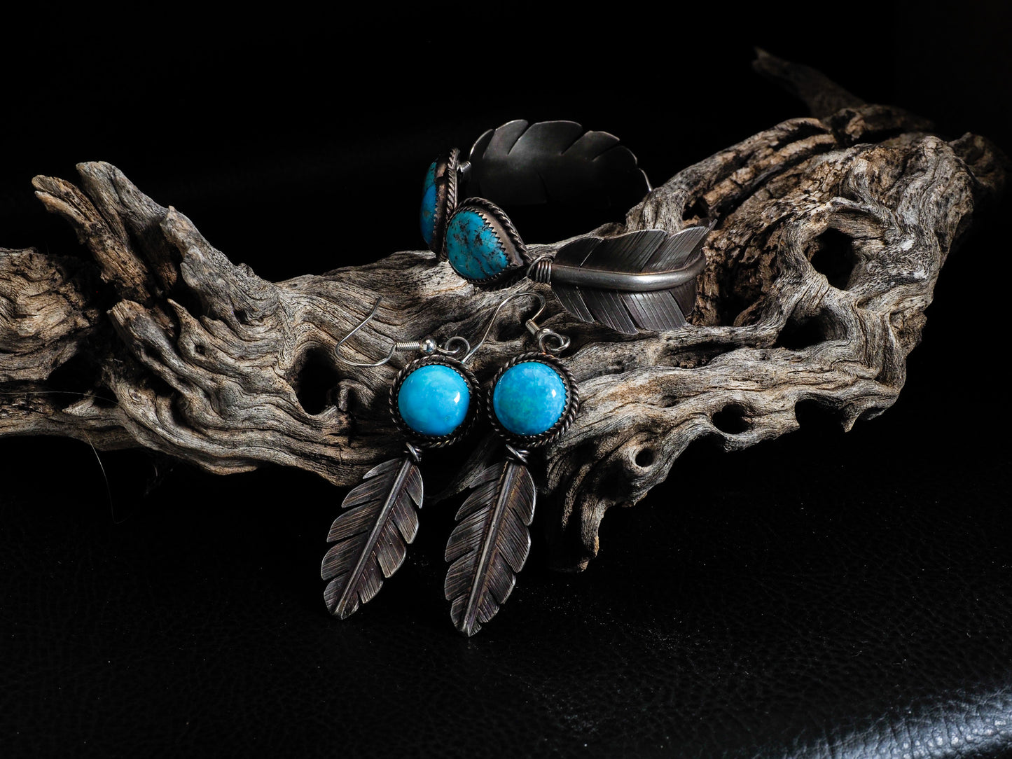 Sterling Silver Feather Cuff & Earring Set with Kingman Turquoise