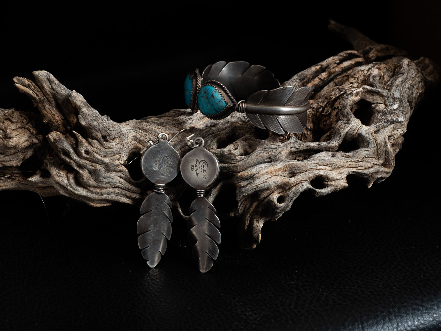Sterling Silver Feather Cuff & Earring Set with Kingman Turquoise