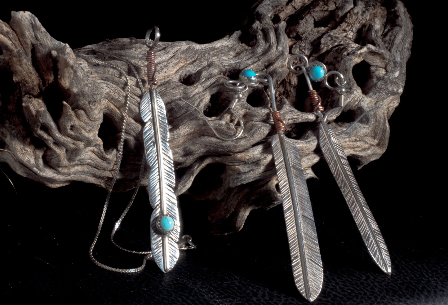 Sterling Silver Feather Earring & Necklace Set with Kingman Turquoise