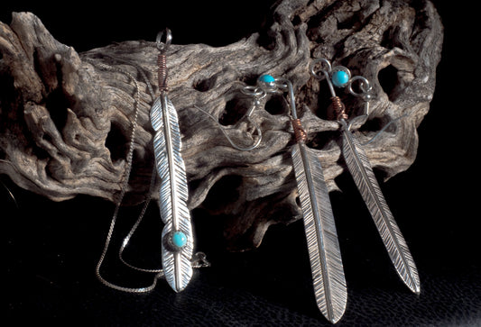Sterling Silver Feather Earring & Necklace Set with Kingman Turquoise