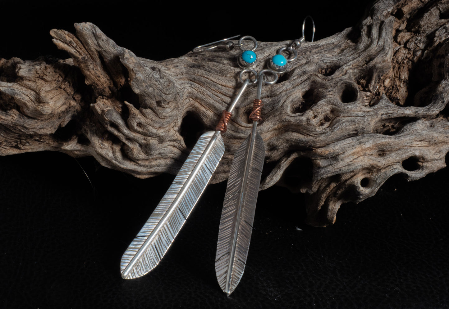 Sterling Silver Feather Earring & Necklace Set with Kingman Turquoise