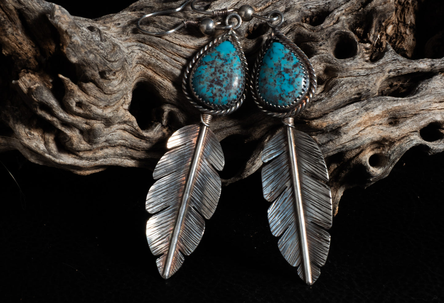 Sterling Silver Feather Dangle Earrings with Kingman Turquoise Teardrops