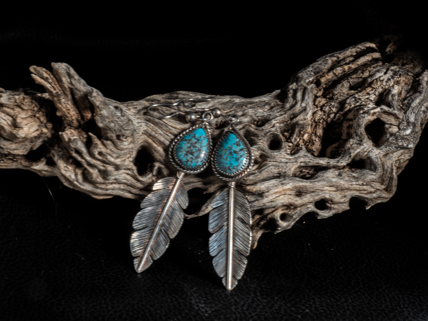 Sterling Silver Feather Dangle Earrings with Kingman Turquoise Teardrops