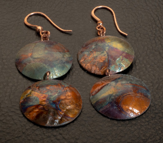 Flame Painted Copper Double Dome Dangle Earrings