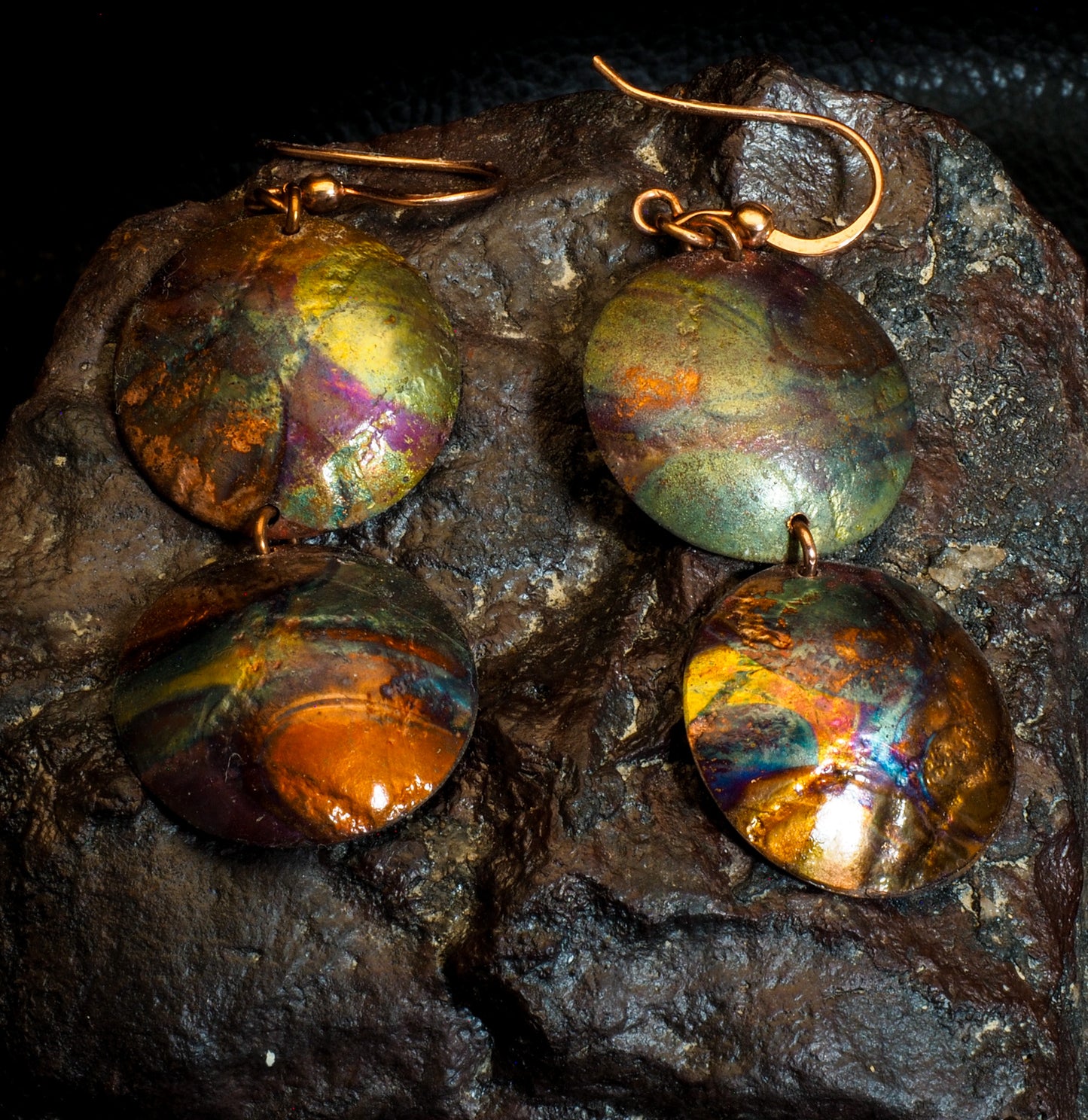 Flame Painted Copper Double Dome Dangle Earrings