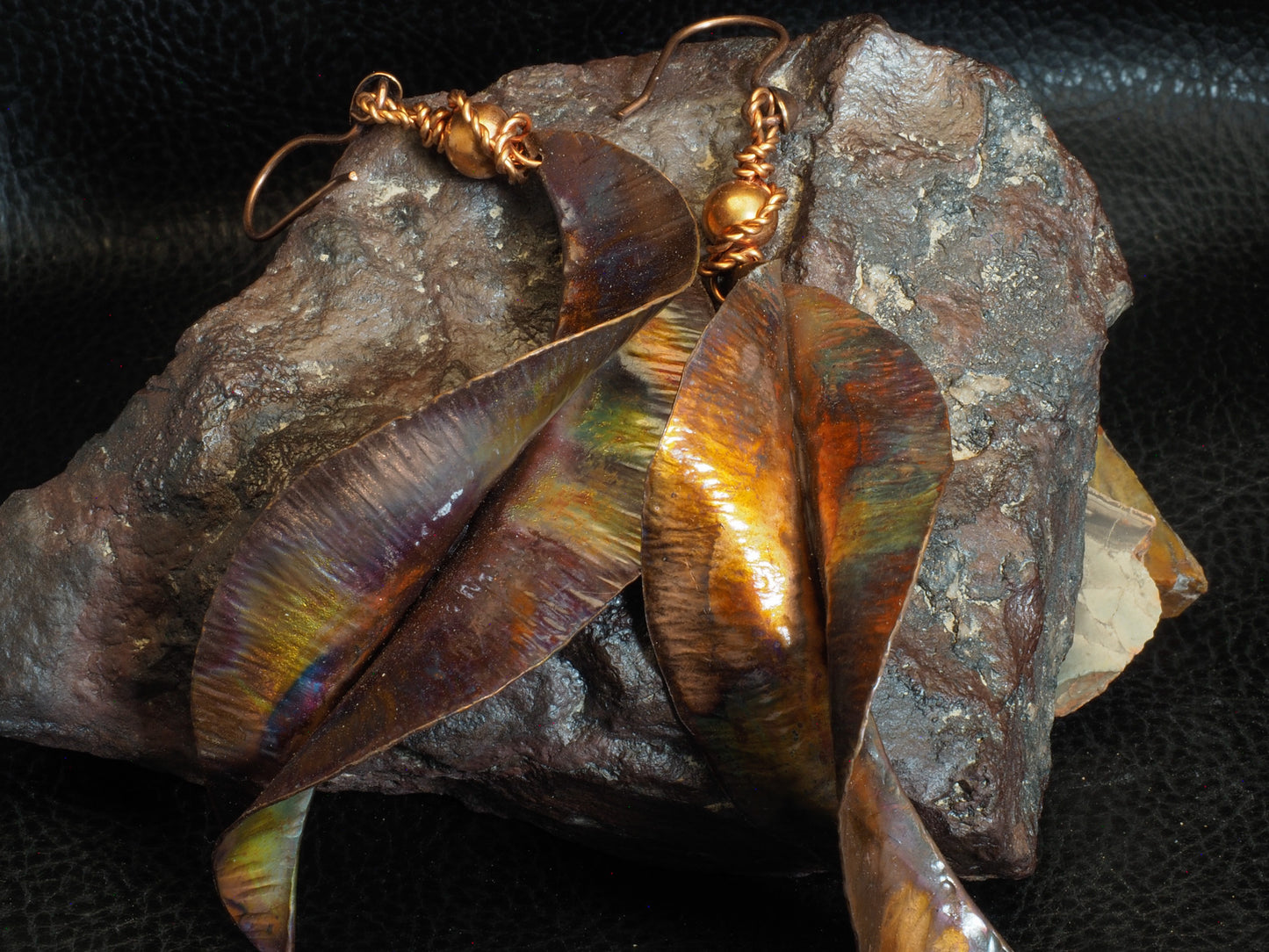 Flame Painted Hammered Copper Leaf Dangle Earrings