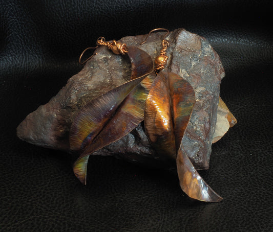 Flame Painted Hammered Copper Leaf Dangle Earrings