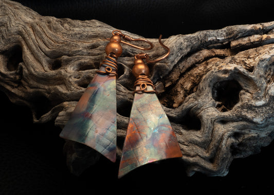 Flame Painted Copper Kite Dangle Earrings