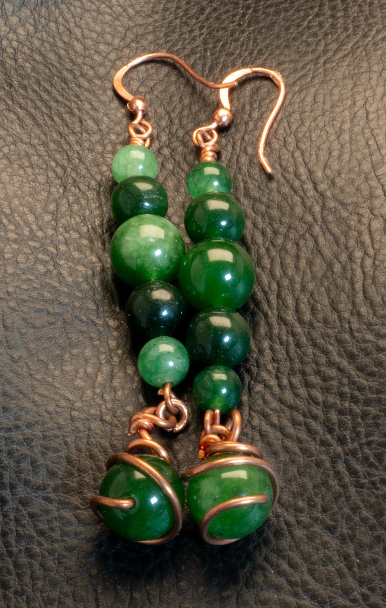 Copper Wire Wrapped Jade Dangle Earrings