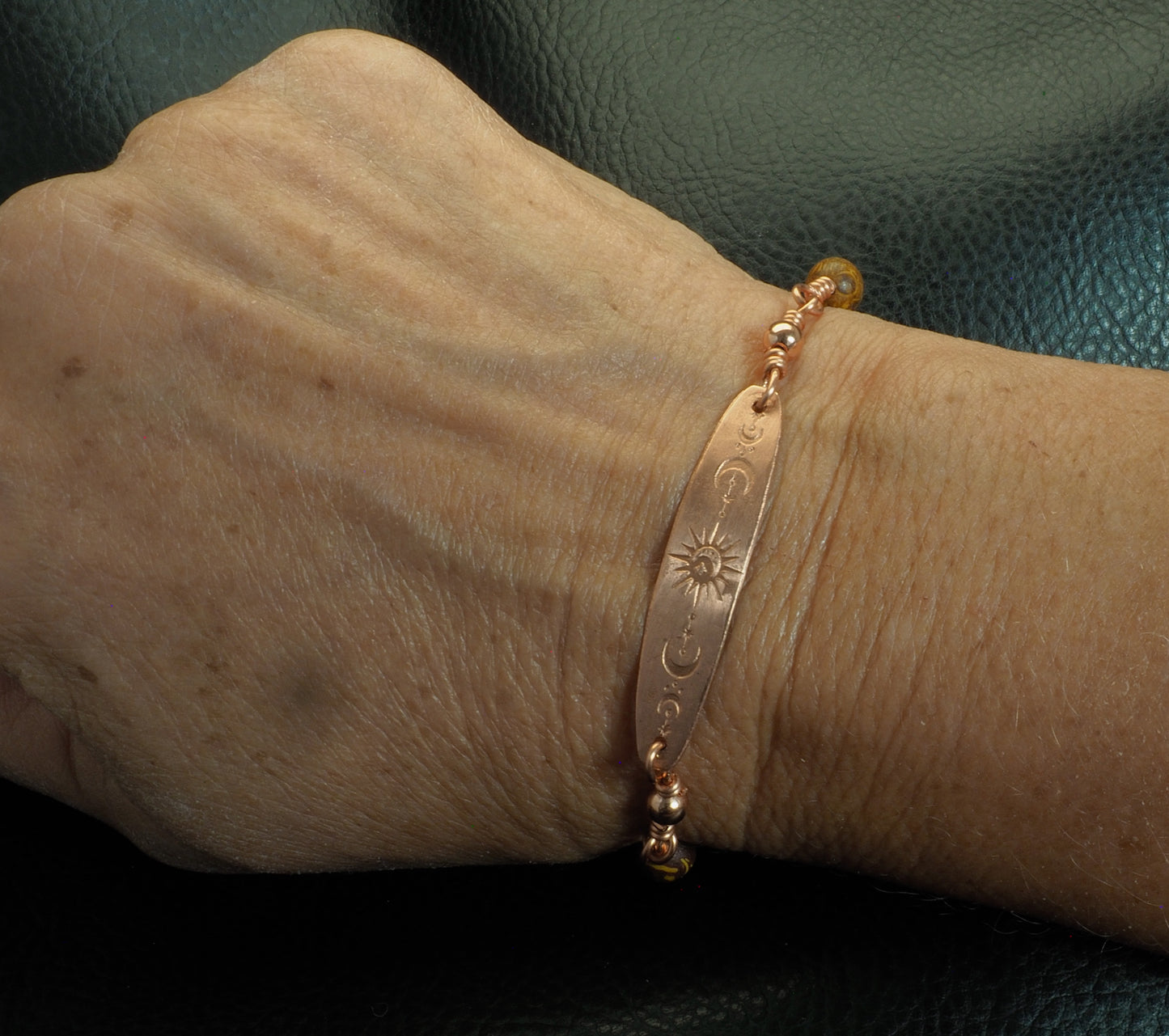Copper Celestial Bar Bracelet with Chrysanthemum Stone Beads