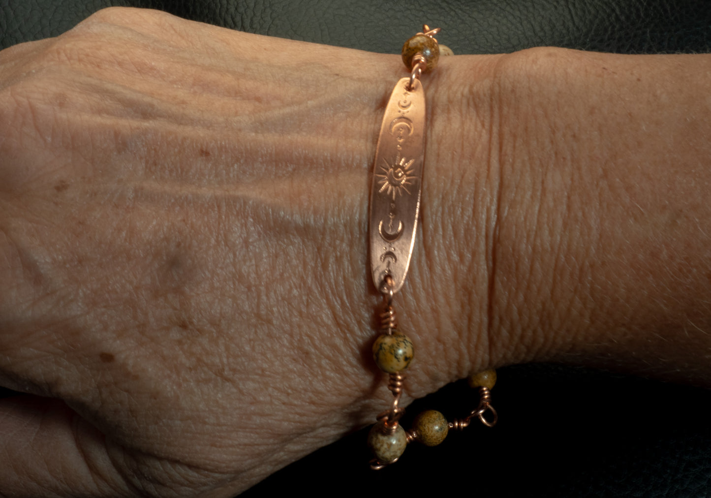 Copper Celestial Bar Bracelet with Golden Speckled Stone Beads