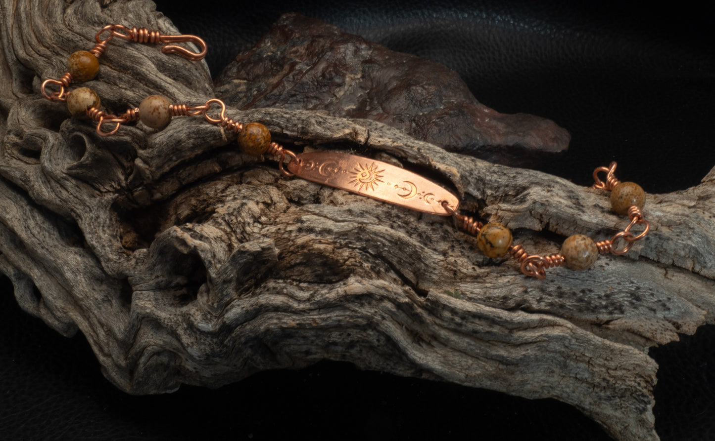 Copper Celestial Bar Bracelet with Chrysanthemum Stone Beads