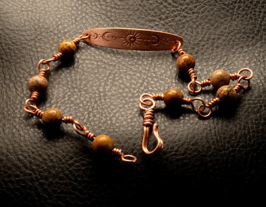 Copper Celestial Bar Bracelet with Golden Speckled Stone Beads