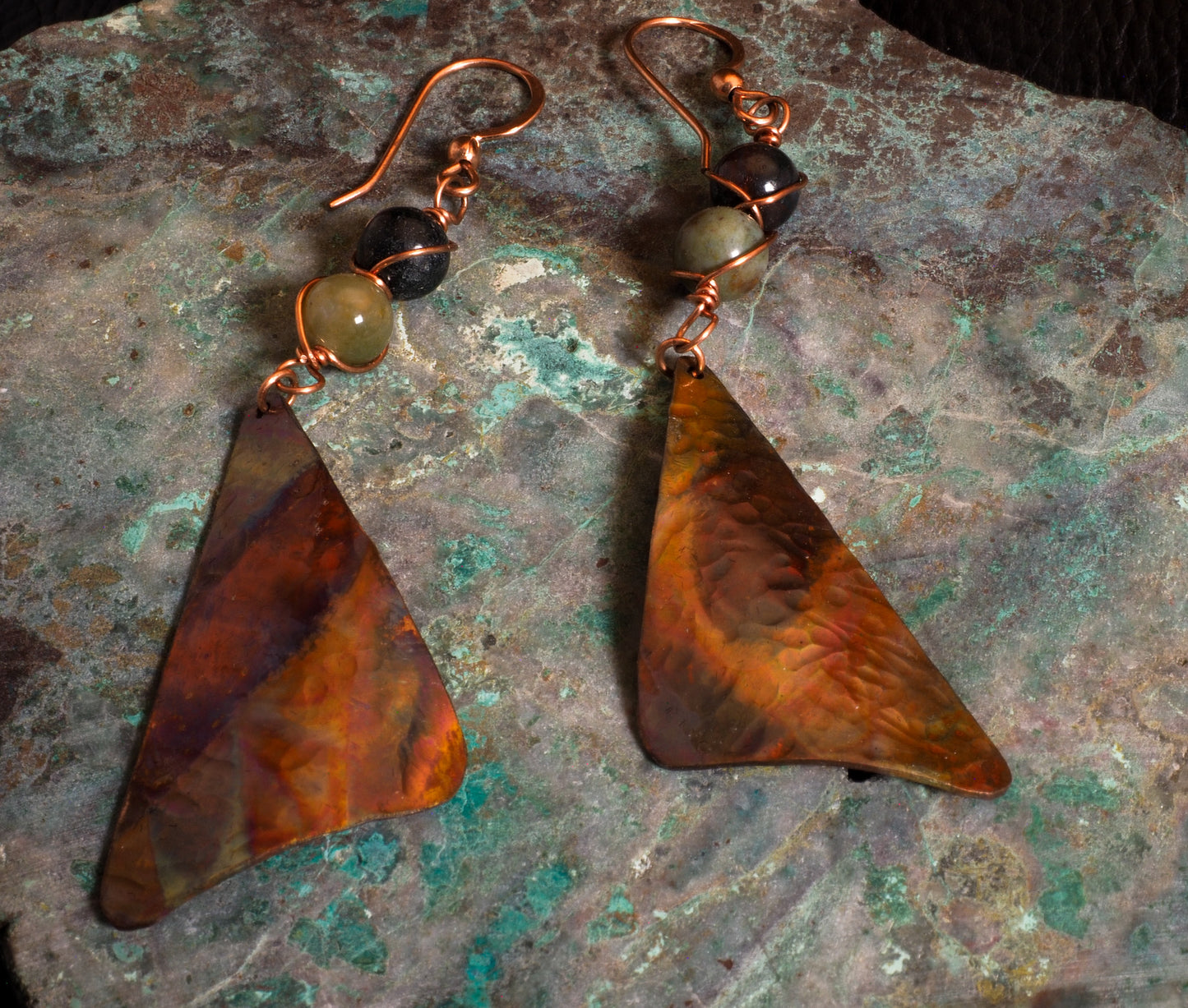 Flame Painted Copper Triangle Dangle Earrings with Moss Agate Beads