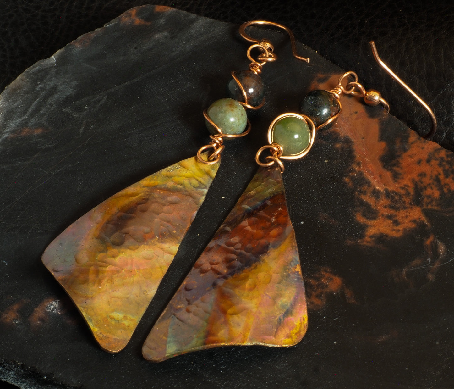 Flame Painted Copper Triangle Dangle Earrings with Moss Agate Beads