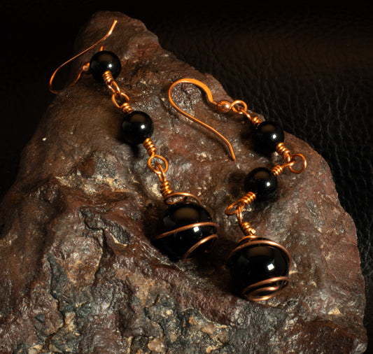 Copper Wire Wrapped Obsidian Dangle Earrings