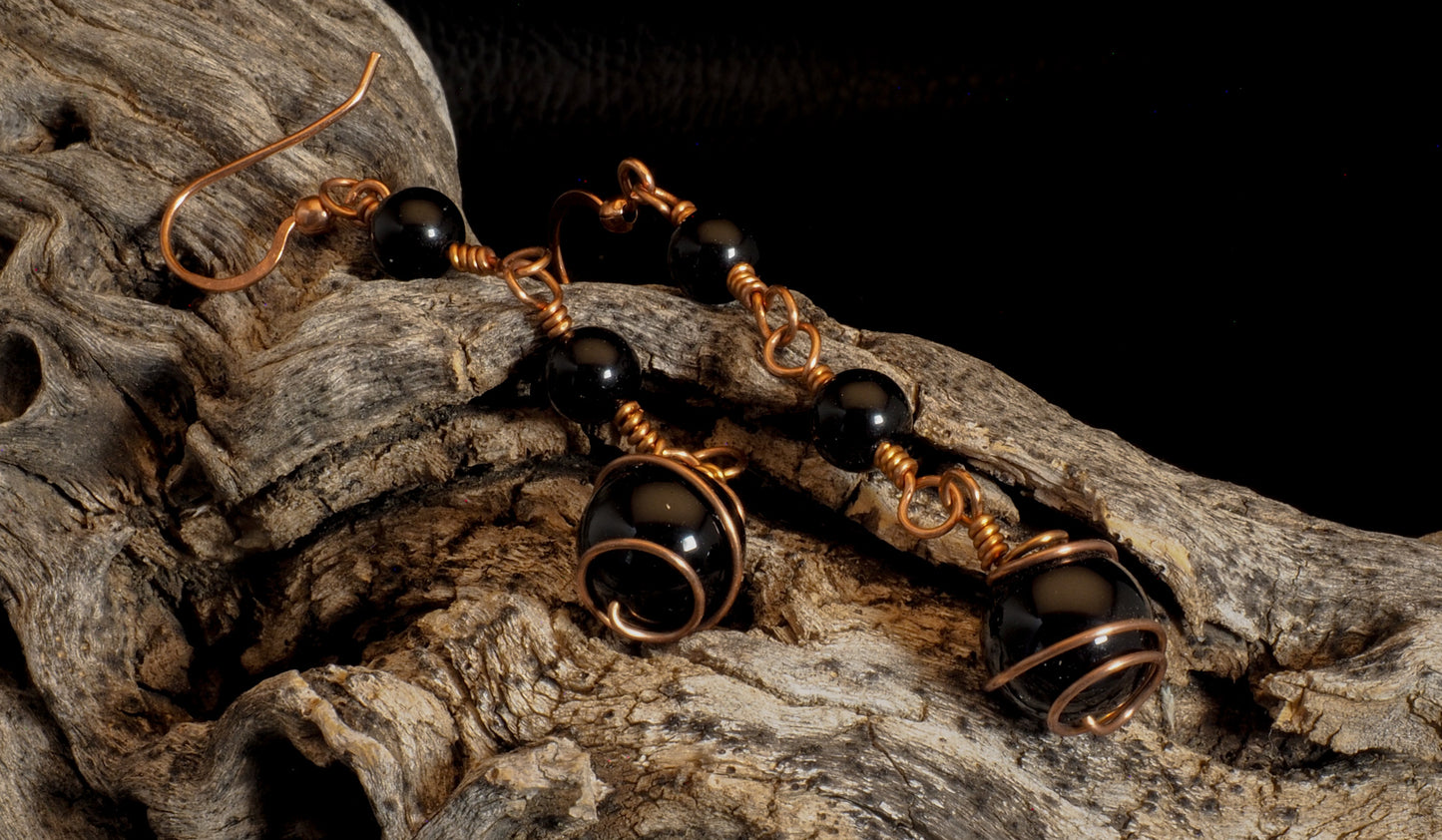 Copper Wire Wrapped Obsidian Dangle Earrings