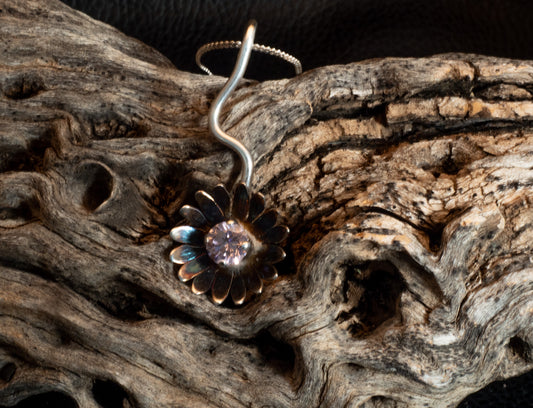 Sterling Silver Patinated Flower Pendant with Pink CZ