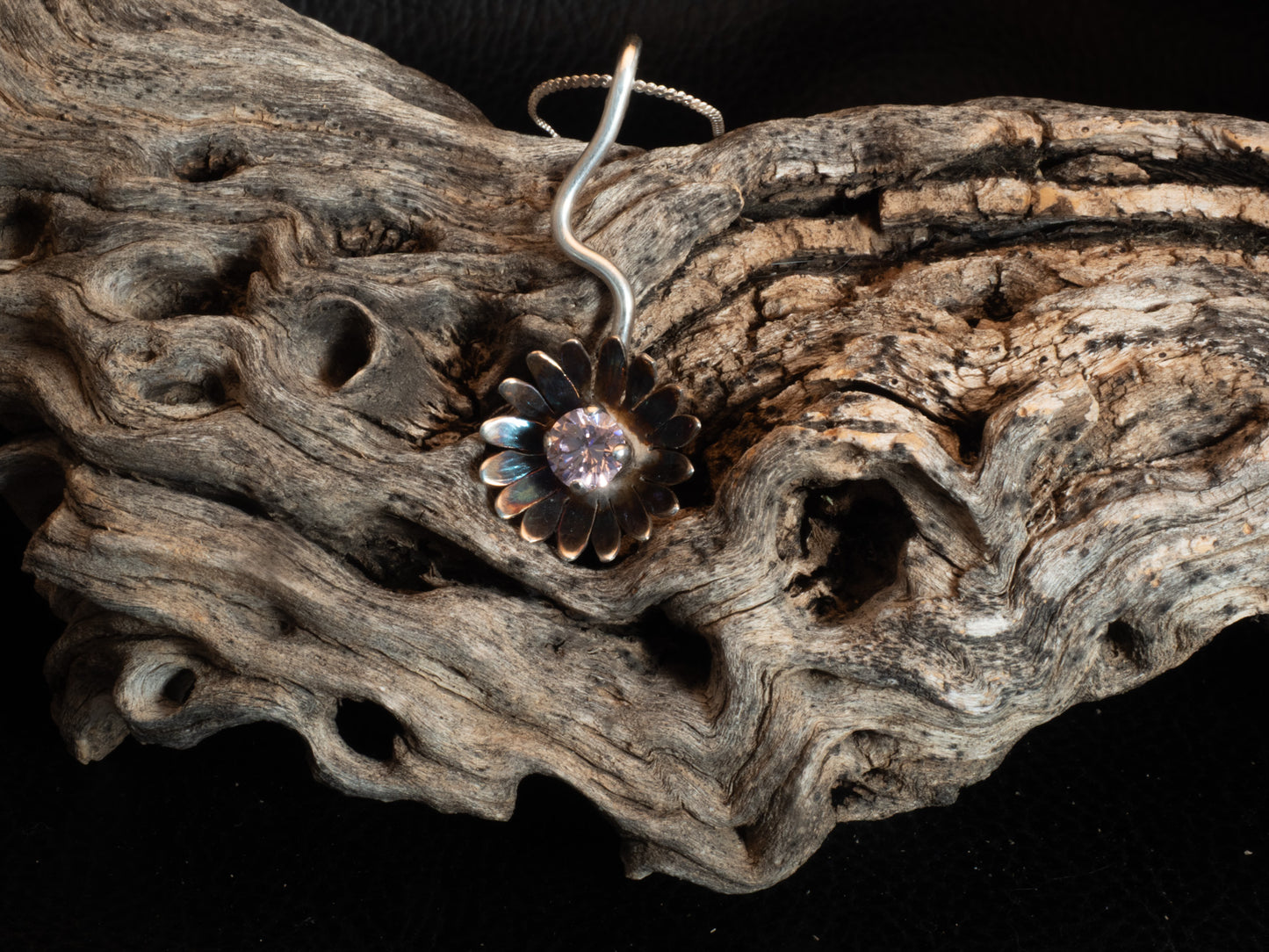 Sterling Silver Patinated Flower Pendant with Pink CZ