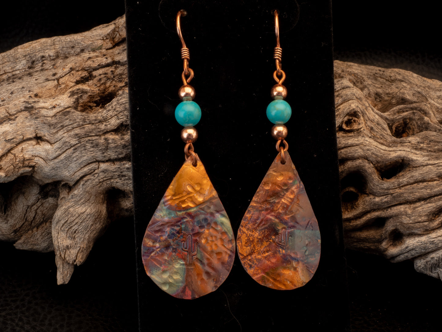 Flame Painted Copper Teardrop Earrings with Saguaro Stamp & Kingman Turquoise