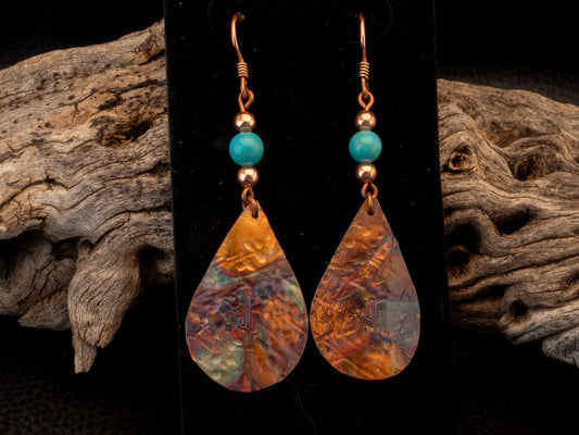 Flame Painted Copper Teardrop Earrings with Saguaro Stamp & Kingman Turquoise