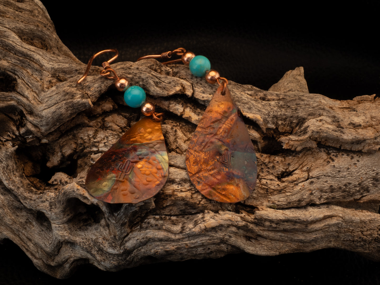 Flame Painted Copper Teardrop Earrings with Saguaro Stamp & Kingman Turquoise