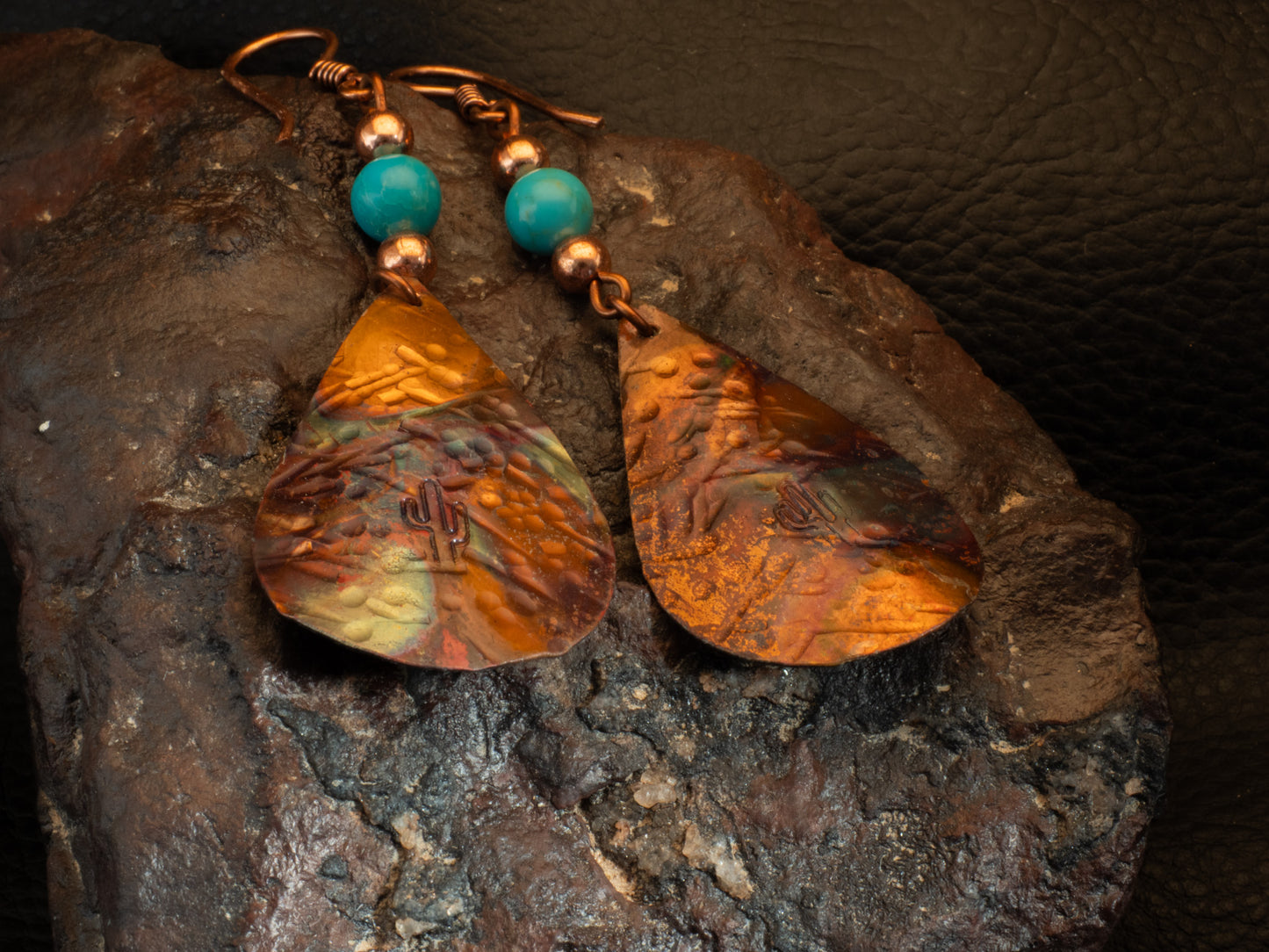 Flame Painted Copper Teardrop Earrings with Saguaro Stamp & Kingman Turquoise