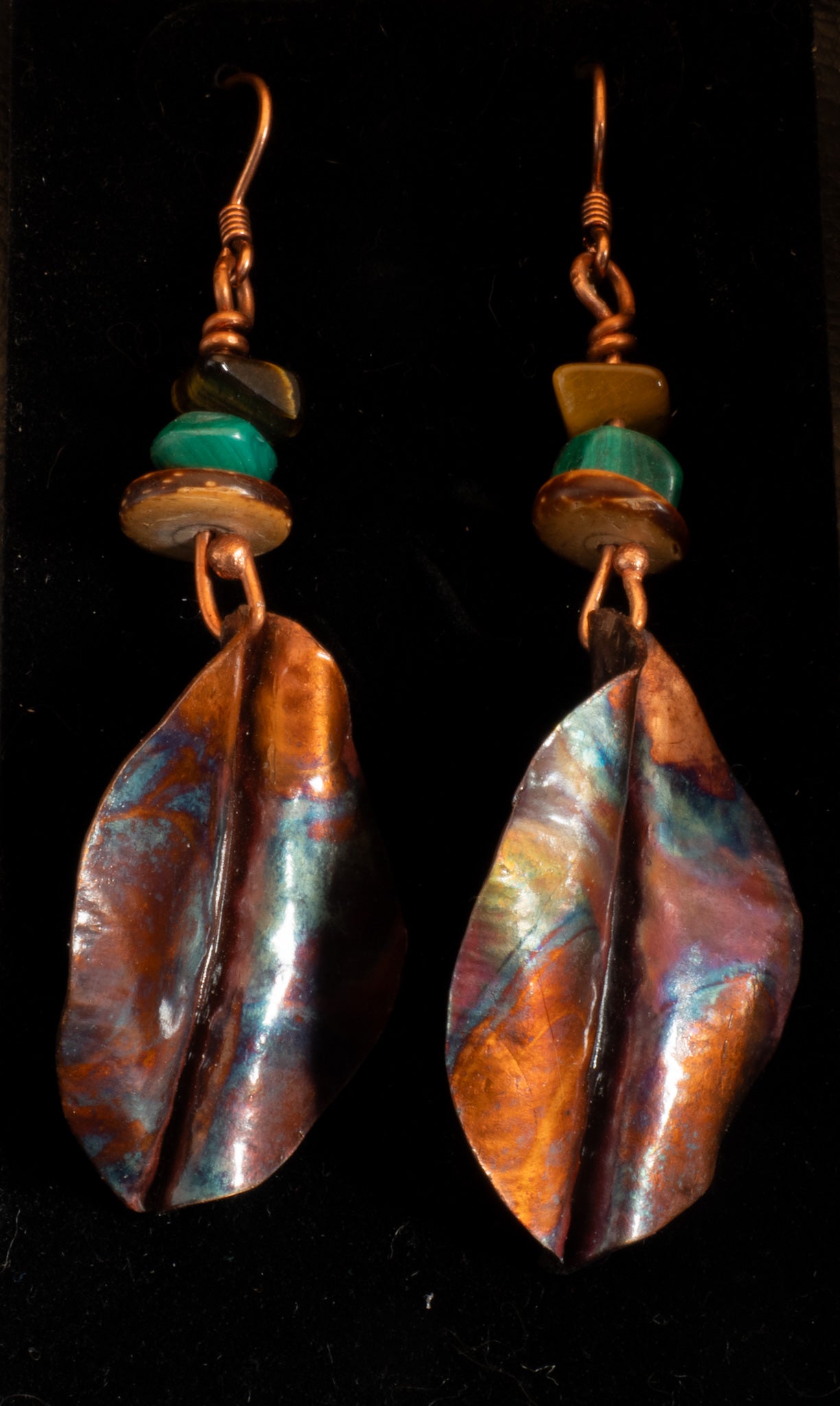 Hammered & Folded Flame Painted Copper Earrings with Natural Stone Beads
