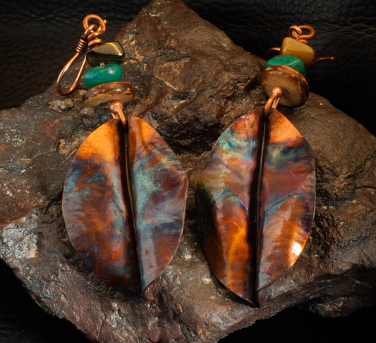 Hammered & Folded Flame Painted Copper Earrings with Natural Stone Beads