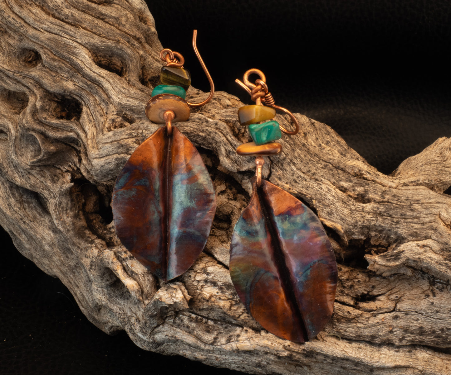 Hammered & Folded Flame Painted Copper Earrings with Natural Stone Beads