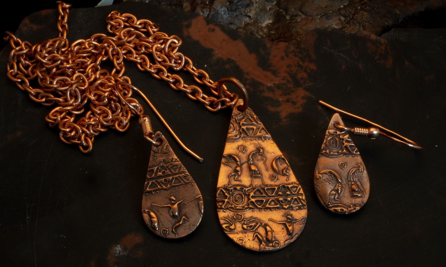 Kokopelli Copper Clay Pendant & Earring Set with Copper Chain