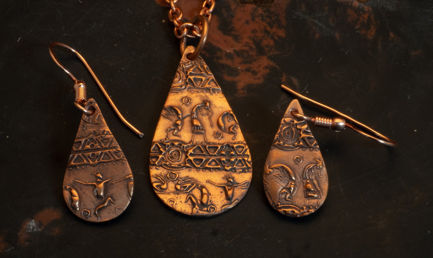 Kokopelli Copper Clay Pendant & Earring Set with Copper Chain