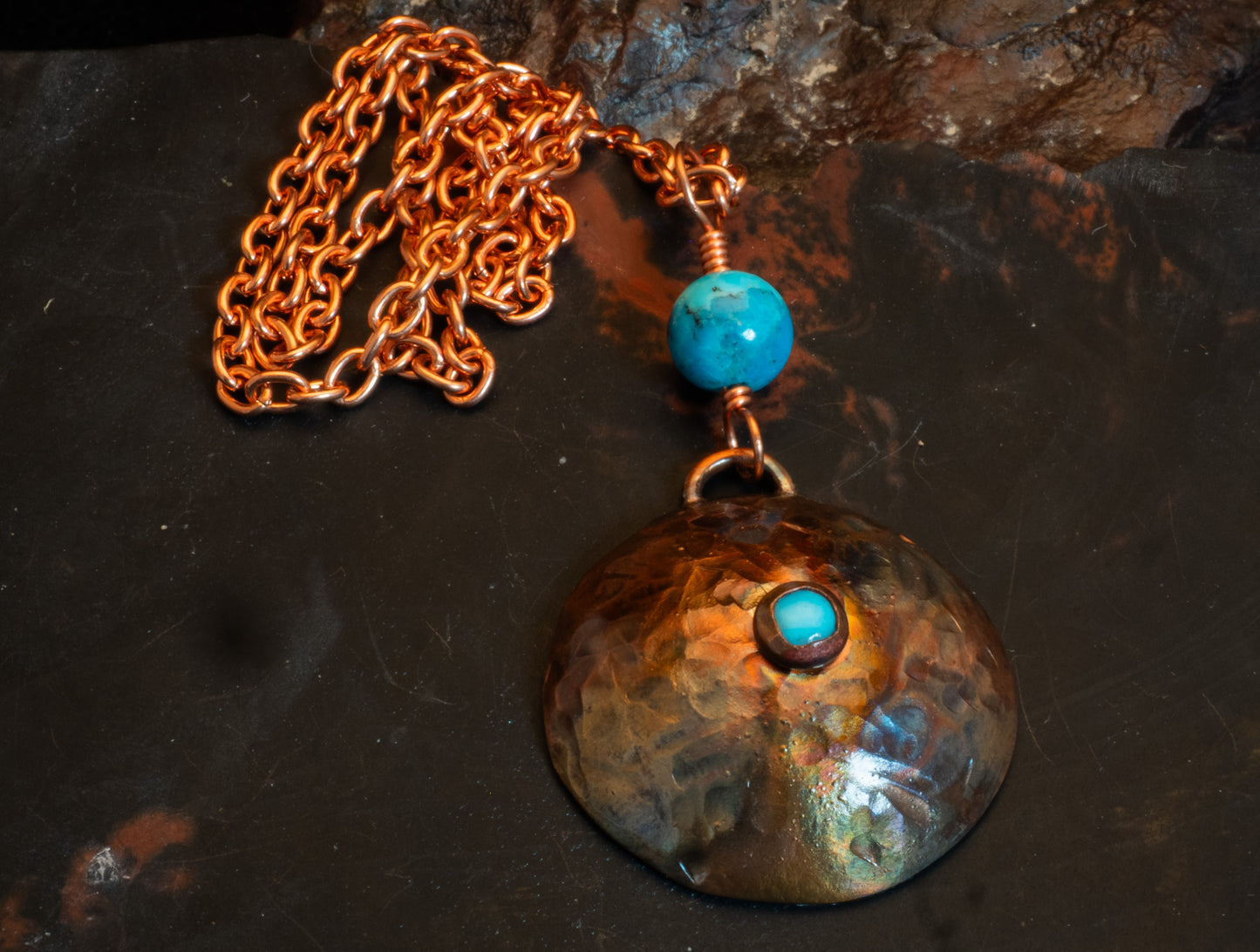 Hammered Flame Painted Copper Dome Pendant with Kingman Turquoise