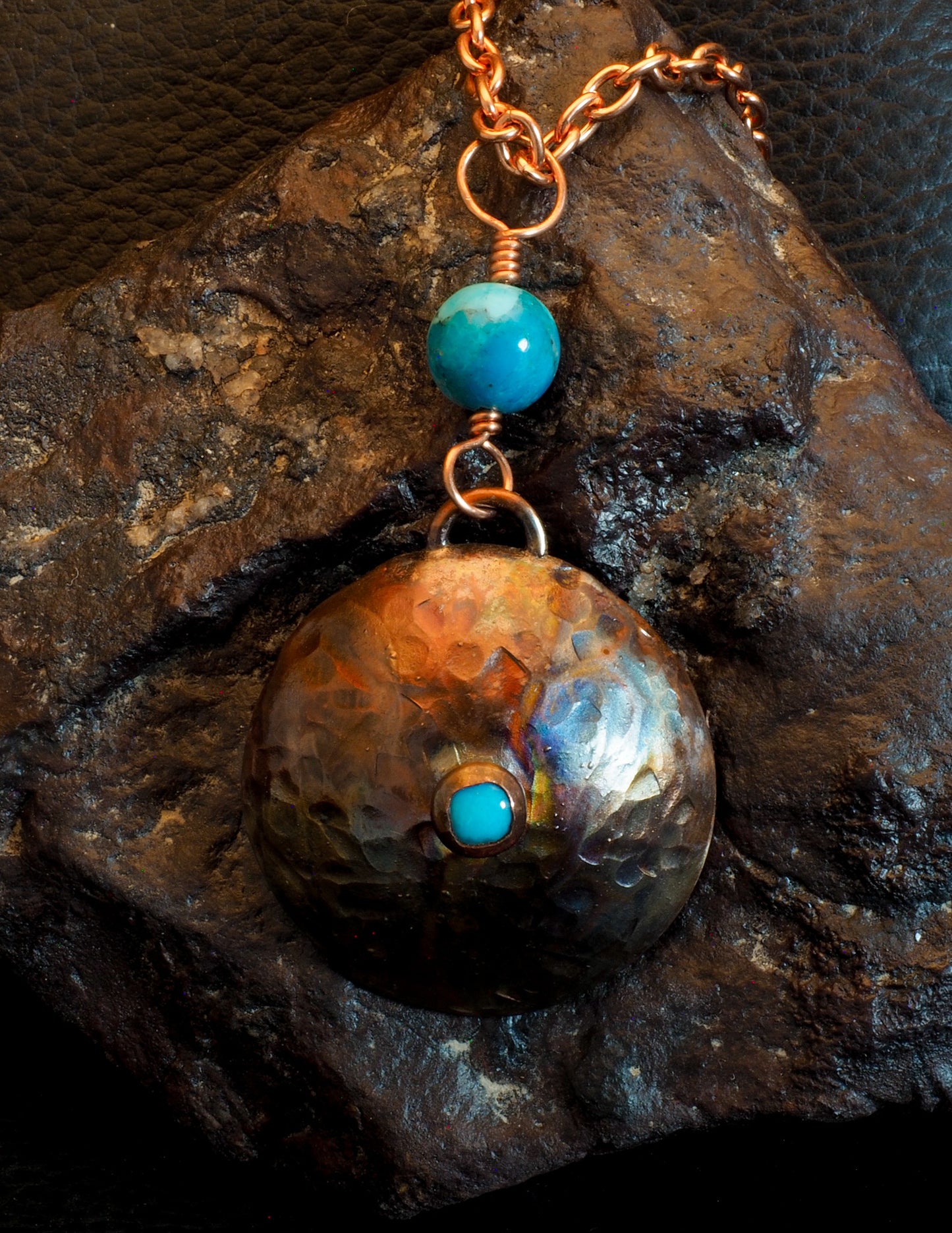 Hammered Flame Painted Copper Dome Pendant with Kingman Turquoise