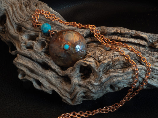 Hammered Flame Painted Copper Dome Pendant with Kingman Turquoise