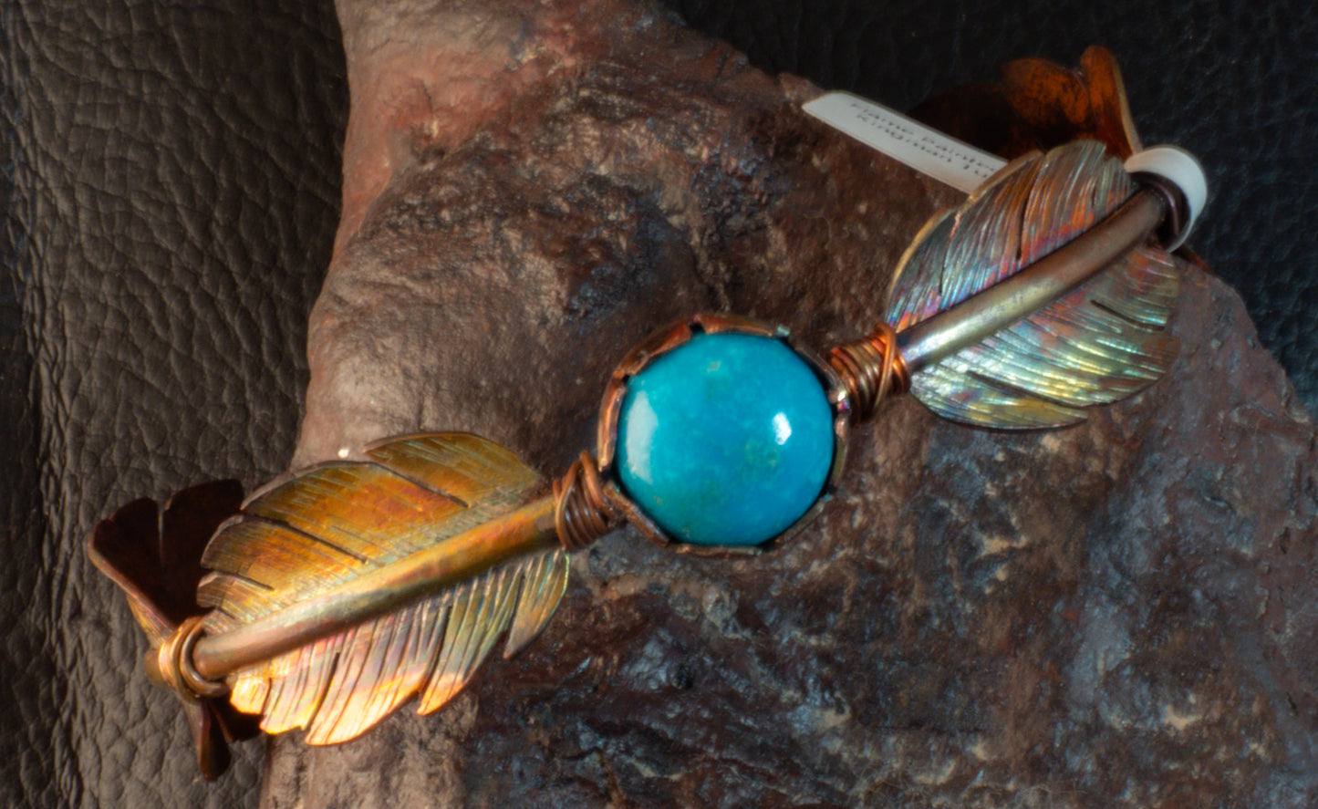 Flame Painted Copper Feather Cuff Bracelet with Kingman Turquoise