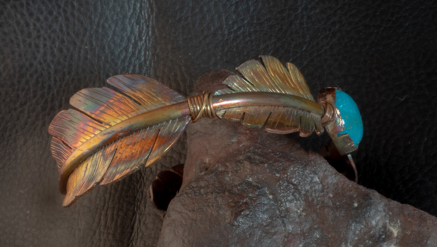 Flame Painted Copper Feather Cuff Bracelet with Kingman Turquoise