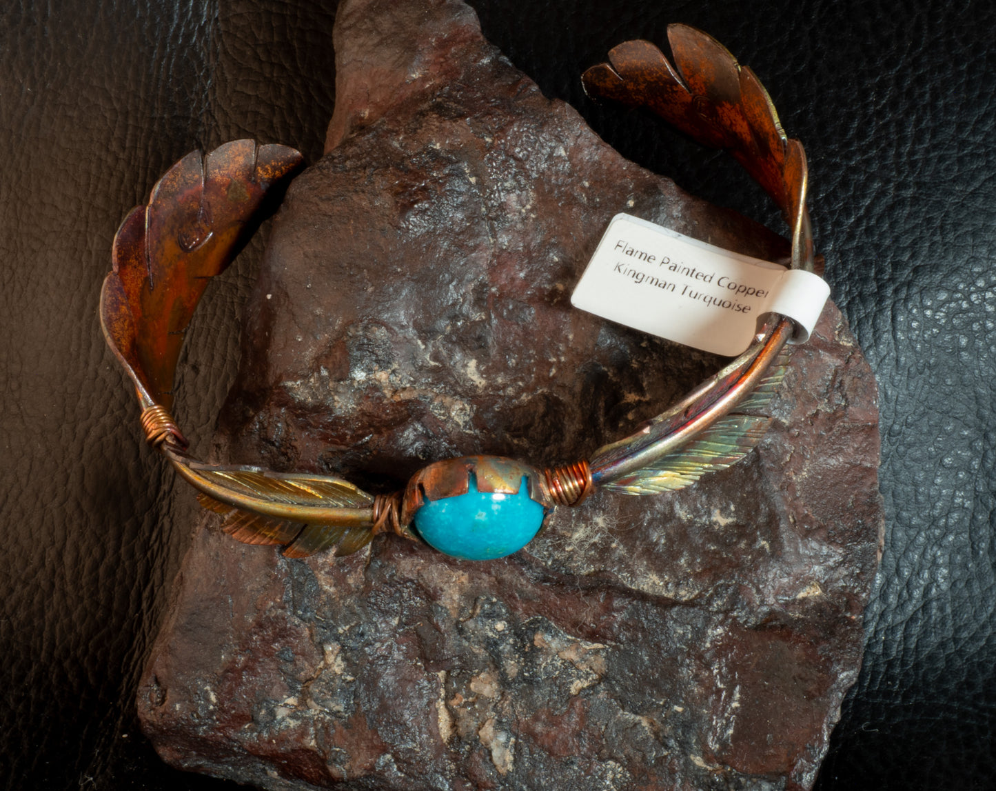 Flame Painted Copper Feather Cuff Bracelet with Kingman Turquoise