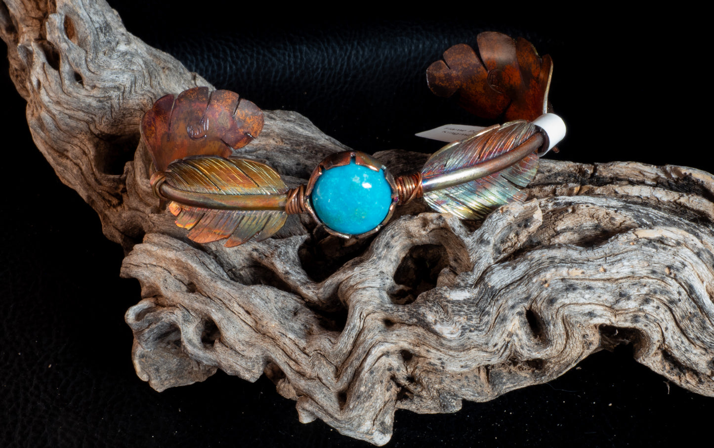 Flame Painted Copper Feather Cuff Bracelet with Kingman Turquoise